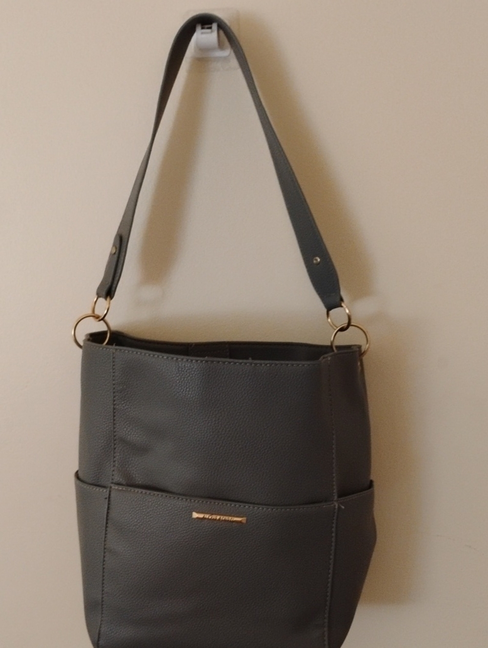 Women's Gray Shoulder Bag with Gold Accents